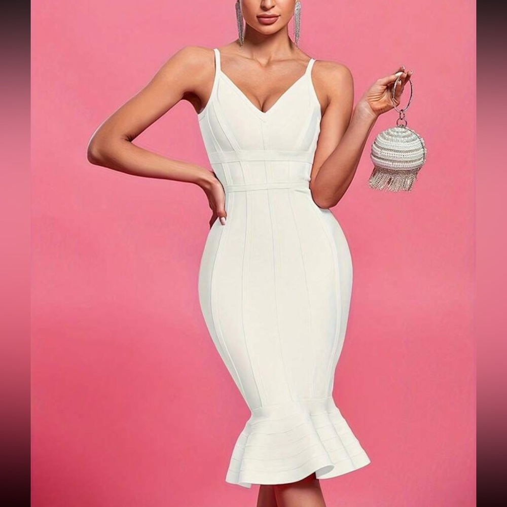 Luxe white v ruffle hem  party formal evening wedding bodycon dress